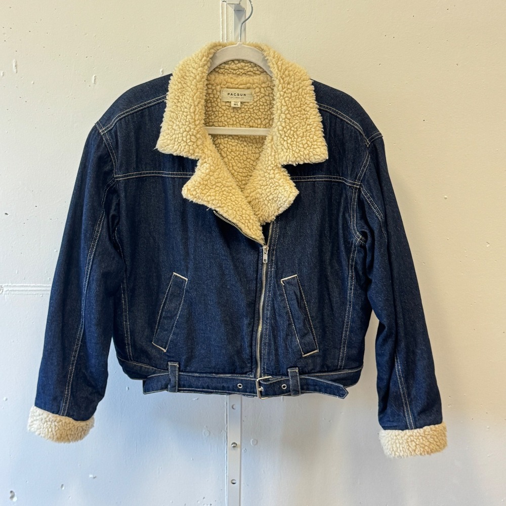 PacSun Denim Sherpa Lined Biker Jacket Dark Wash Faux Fur Moto Coat M/L